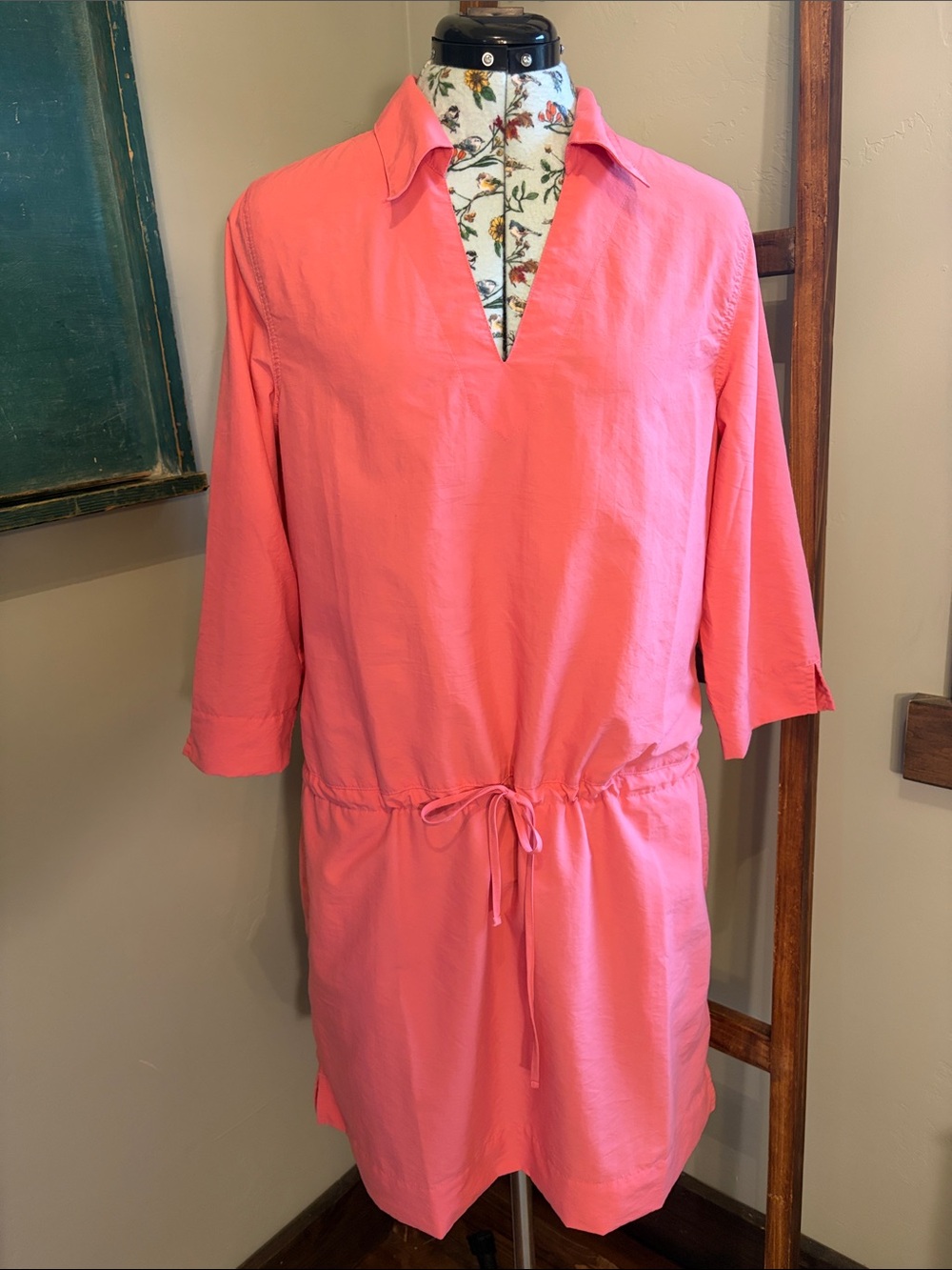 L.L. Bean Coral Pink V-Neck Drawstring Mini Dress